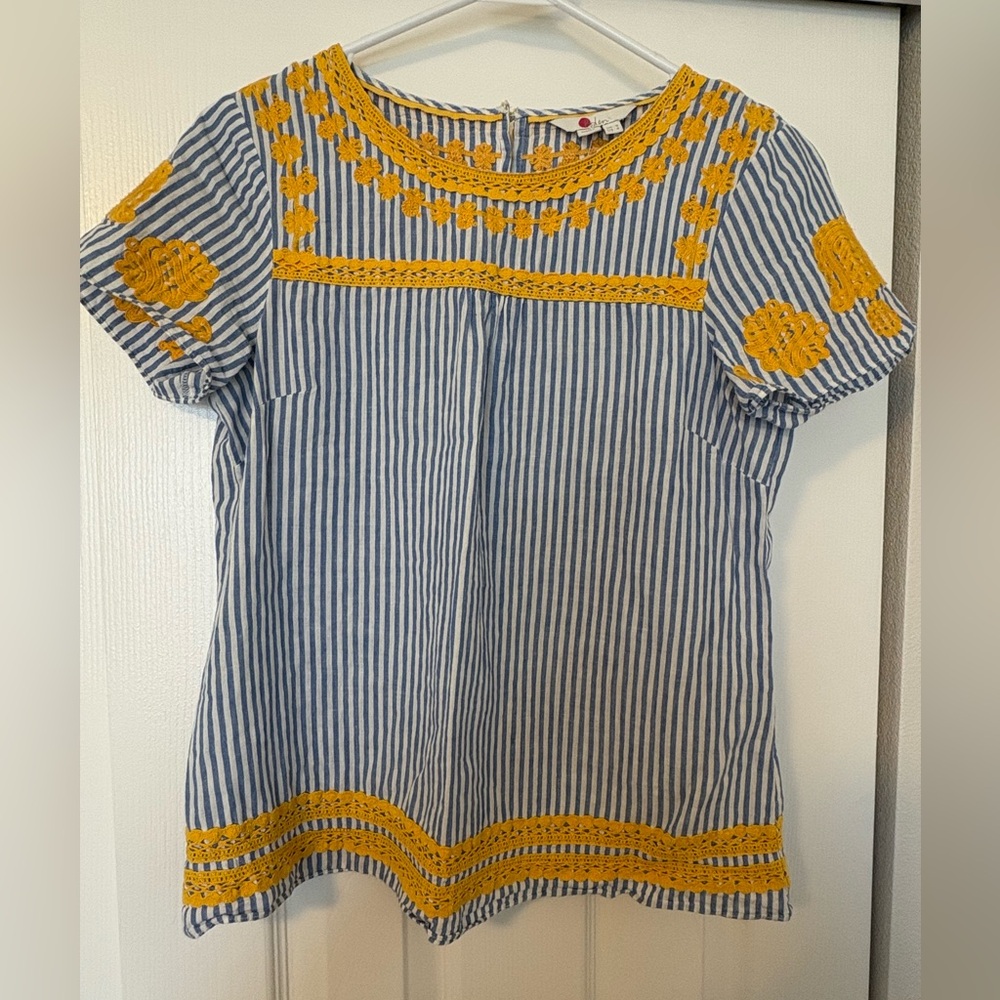 Boden Fiona Striped Blue and Yellow Embroidered Women's Top